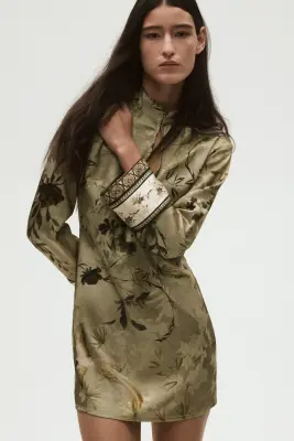 Robe en tissu jacquard avec fente goutte d'eau - Vert ancien/motif — photo 1