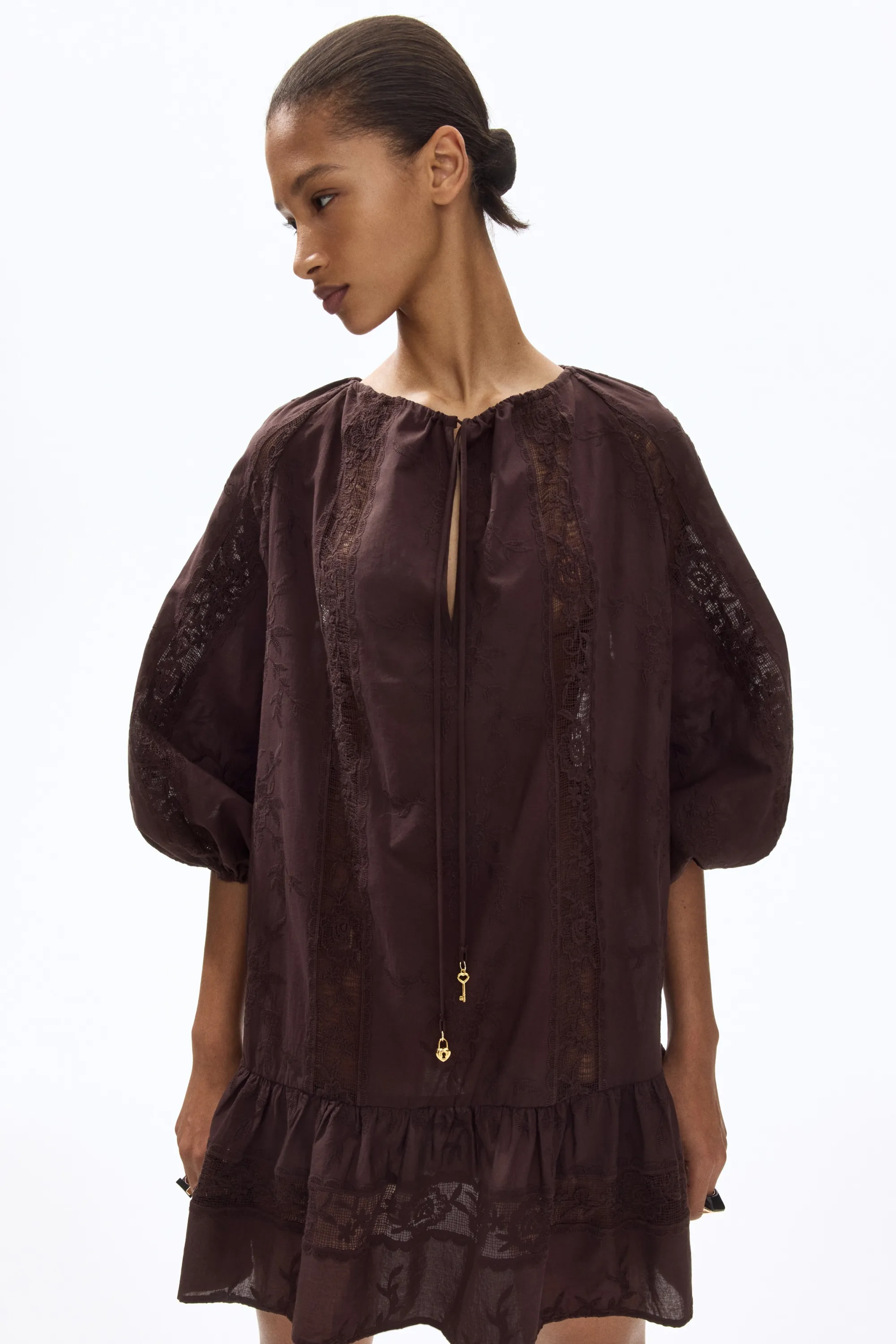 Robe tunique avec dentelle - Marron foncé