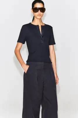 PANTALON BARREL À PLIS EN COTON - BLEU MARINE — photo 2