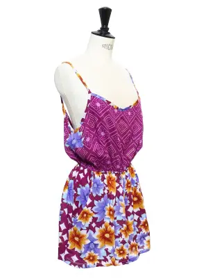 Combi-short dos nu à fines bretelles imprimé bordeaux violet et jaune Taille 36 — photo 2