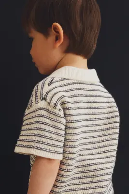 Ensemble 2 pièces en maille de coton - Beige clair/rayures noires — photo 1