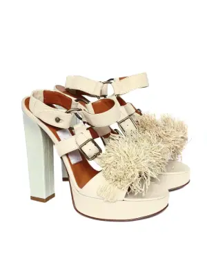 Sandales à talon en cuir beige et noeud en raffia Px boutique 750€ NEUVES Taille 37 — photo 5