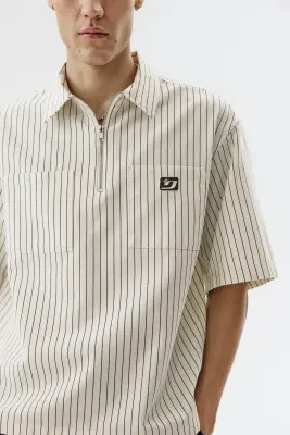 Chemise Relaxed Fit en twill avec col zippé - Crème/rayé — photo 2
