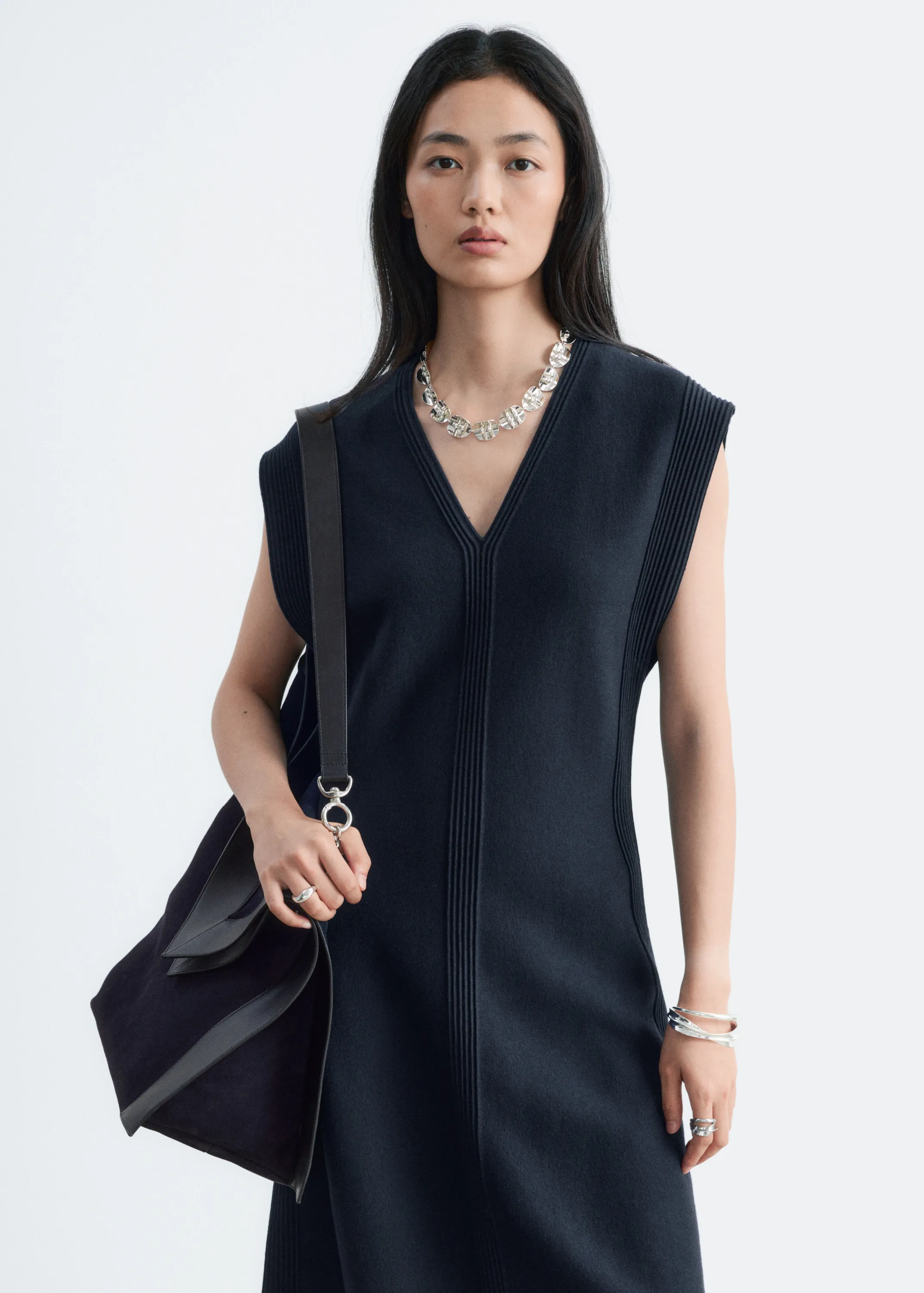 Robe midi en coton et laine - Bleu foncé