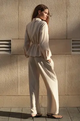 Pantalon large avec cordon de serrage - Beige clair — photo 2