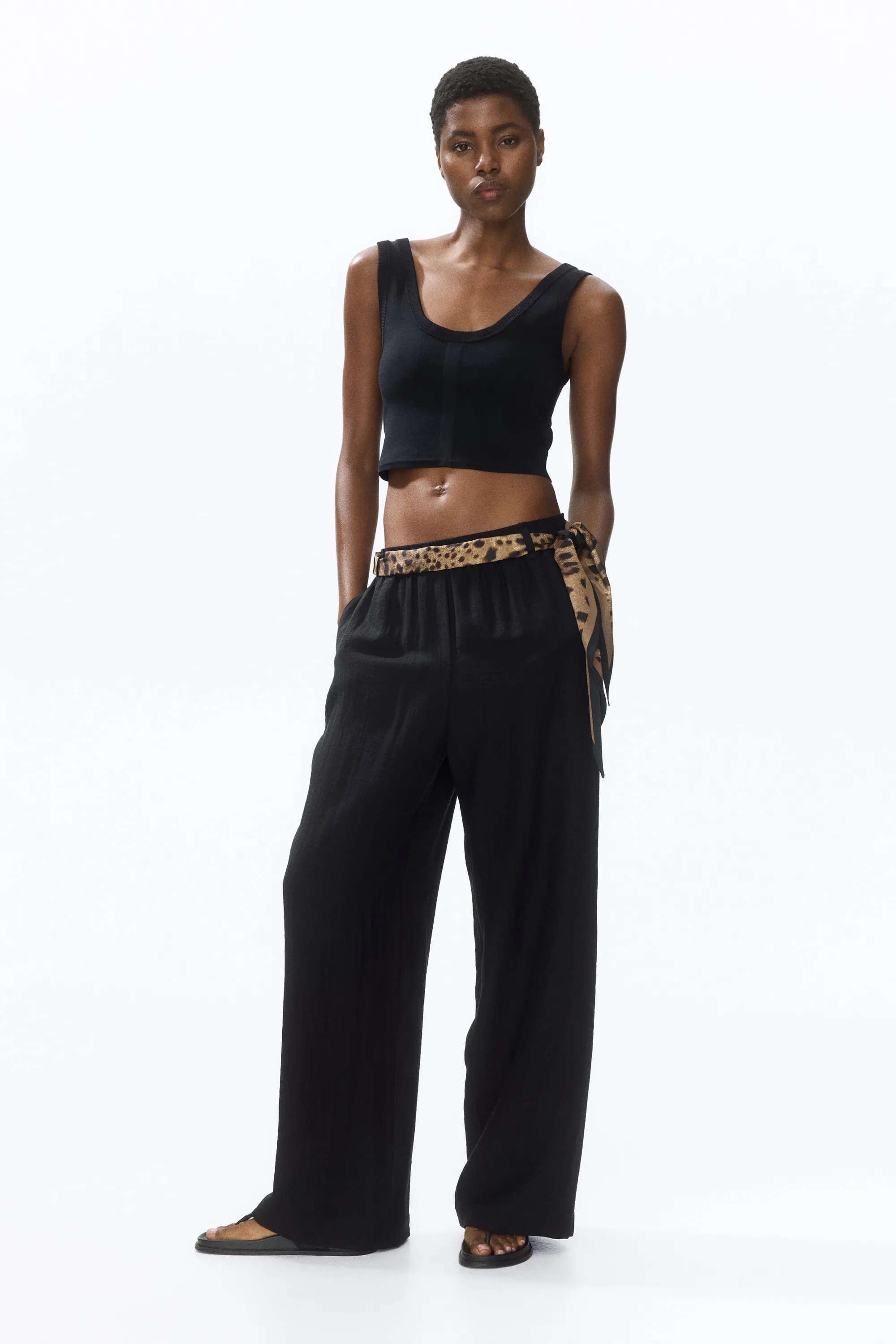 Pantalon en lin mélangé avec foulard - Noir