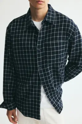 Chemise Relaxed Fit en flanelle - Bleu foncé/carreaux — photo 1