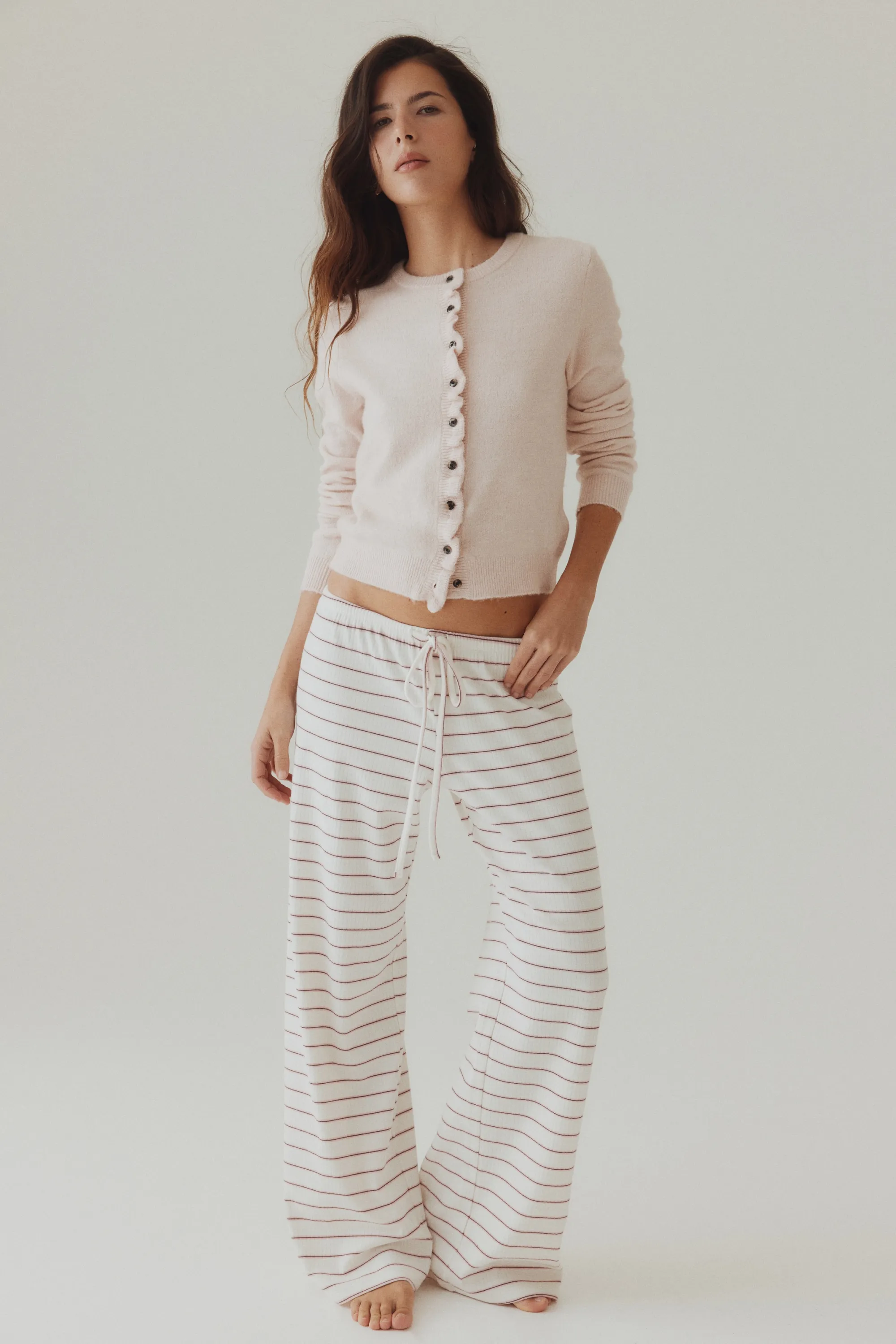 Pantalon en coton mélangé - Blanc/rayures roses
