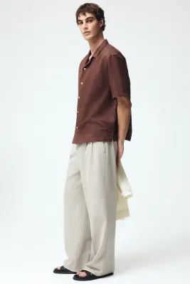 Chemise Relaxed Fit en lin mélangé avec col cubain - Marron — photo 4