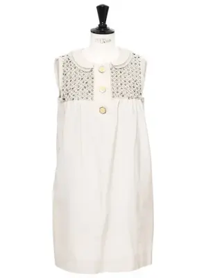 Robe de cocktail Couture en coton et soie beige brodée de cristaux Swarovski Px boutique 2000€ Taille 36 — photo 1