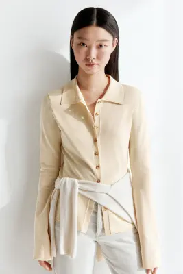Top à boutons en maille fine - Beige clair — photo 2