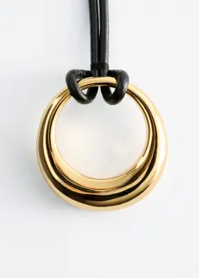 Collier en cuir à pendentif anneau - Noir/Doré — photo 2