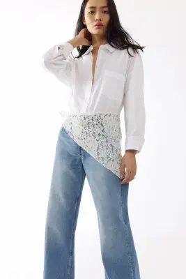 Straight High Waist Jeans avec foulard - Bleu denim clair/blanc — photo 1
