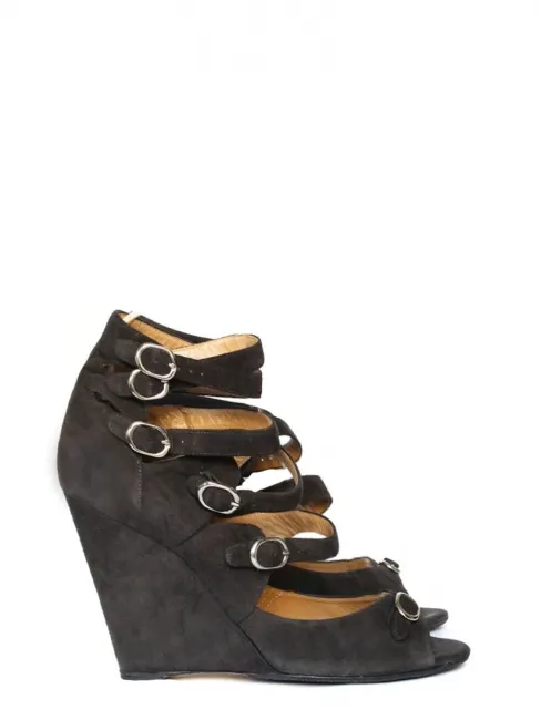 Sandales compensées multi-brides en daim noir gris anthracite Px boutique 595€ Taille 37