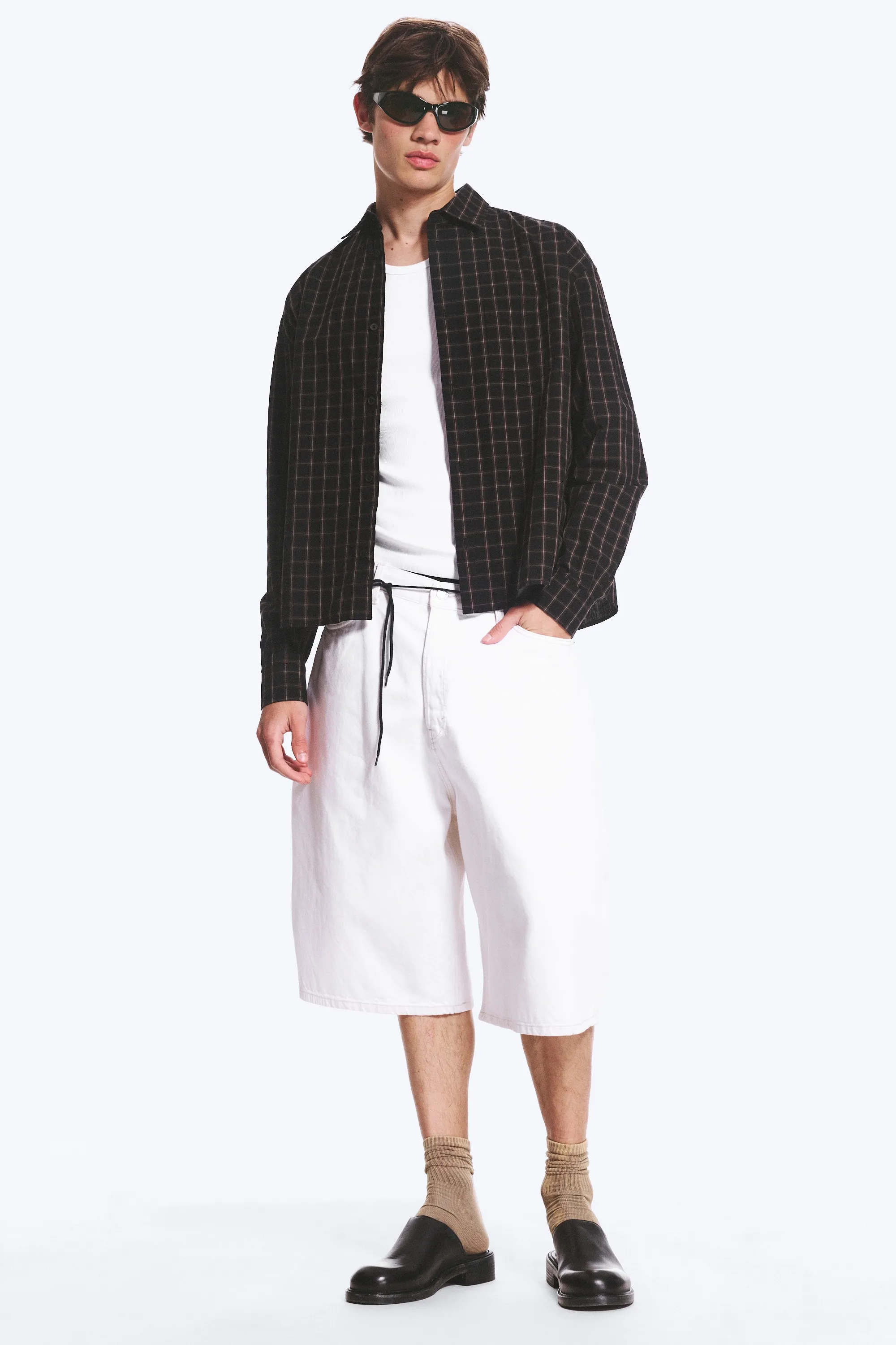 Chemise carrée à manches longues en popeline de coton - Noir/marron à carreaux