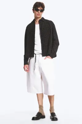 Chemise carrée à manches longues en popeline de coton - Noir/marron à carreaux — photo 1