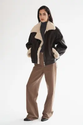 Veste en cuir et peau lainée - Marron foncé — photo 3