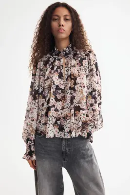Blouse en mousseline avec manches bouffantes - Noir/fleuri — photo 1