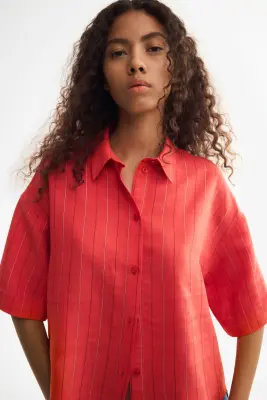 Chemise à manches courtes en lyocell mélangé - Rouge/rayé — photo 1