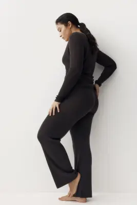 Pantalon en maille côtelée - Marron foncé — photo 2