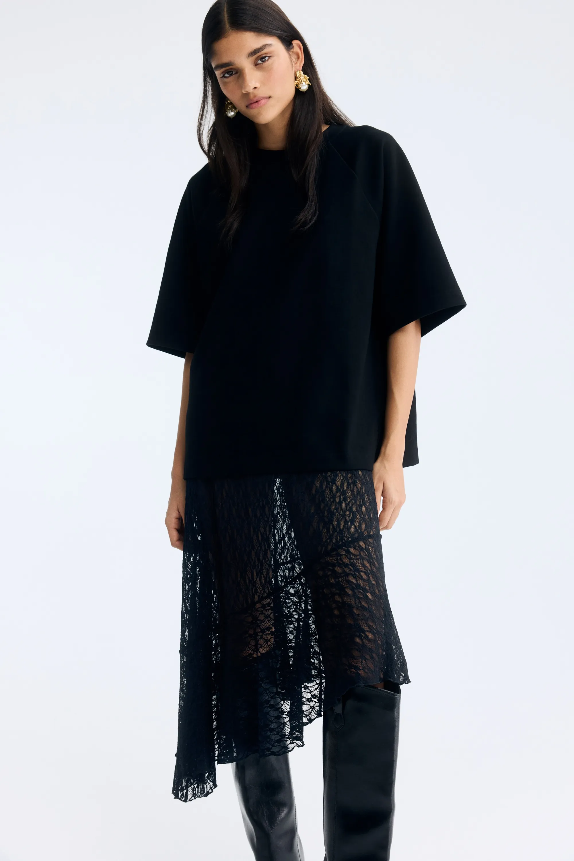 Jupe asymétrique en dentelle - Noir