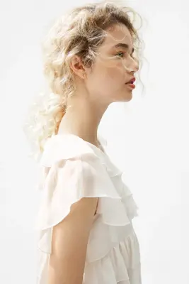Blouse volantée avec liens à nouer - Crème — photo 4