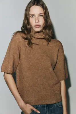 Top col roulé en maille - Beige foncé — photo 1
