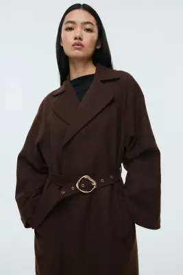 Manteau maxi avec ceinture - Marron foncé — photo 2