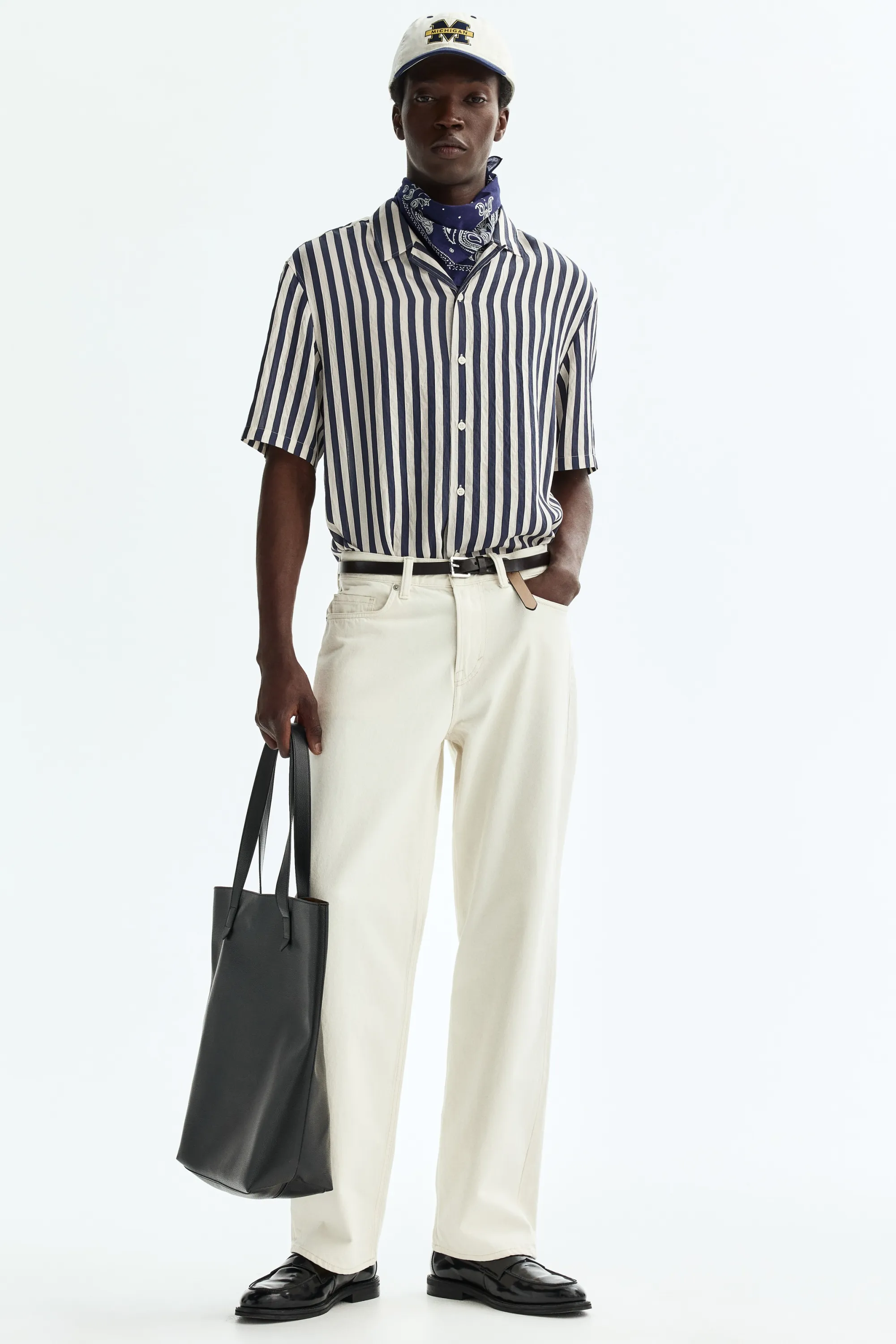 Chemise Relaxed Fit avec col cubain - Bleu marine/rayé