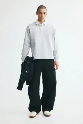 Relaxed Fit Cotton rugby shirt - Gris clair chiné/blanc — photo 2