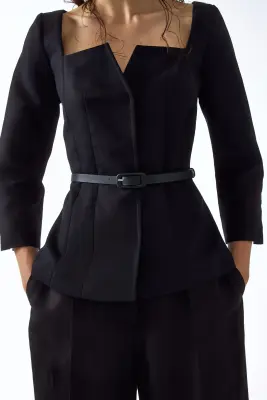 Blazer en coton avec encolure carrée - Noir — photo 1