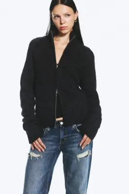 Cardigan zippé ajusté en maille douce - Gris foncé chiné — photo 2