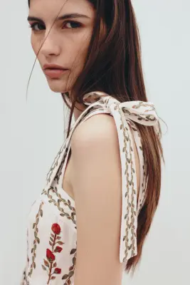 Robe en viscose mélangée avec bretelles à nouer - Crème/fleuri — photo 2