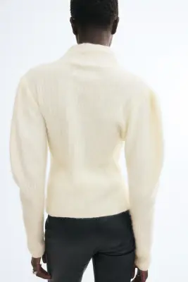 Pull ajusté en maille de laine côtelée - Crème — photo 2