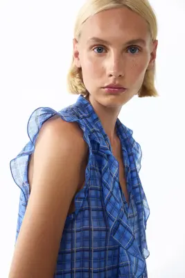 Blouse volantée avec col cravate - Bleu/carreaux — photo 2
