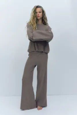 Pantalon large en maille côtelée - Grège — photo 1